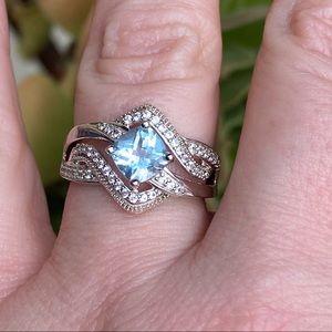 14k white gold over 925 Genuine Blue Topaz and White Sapphire Ring size 7